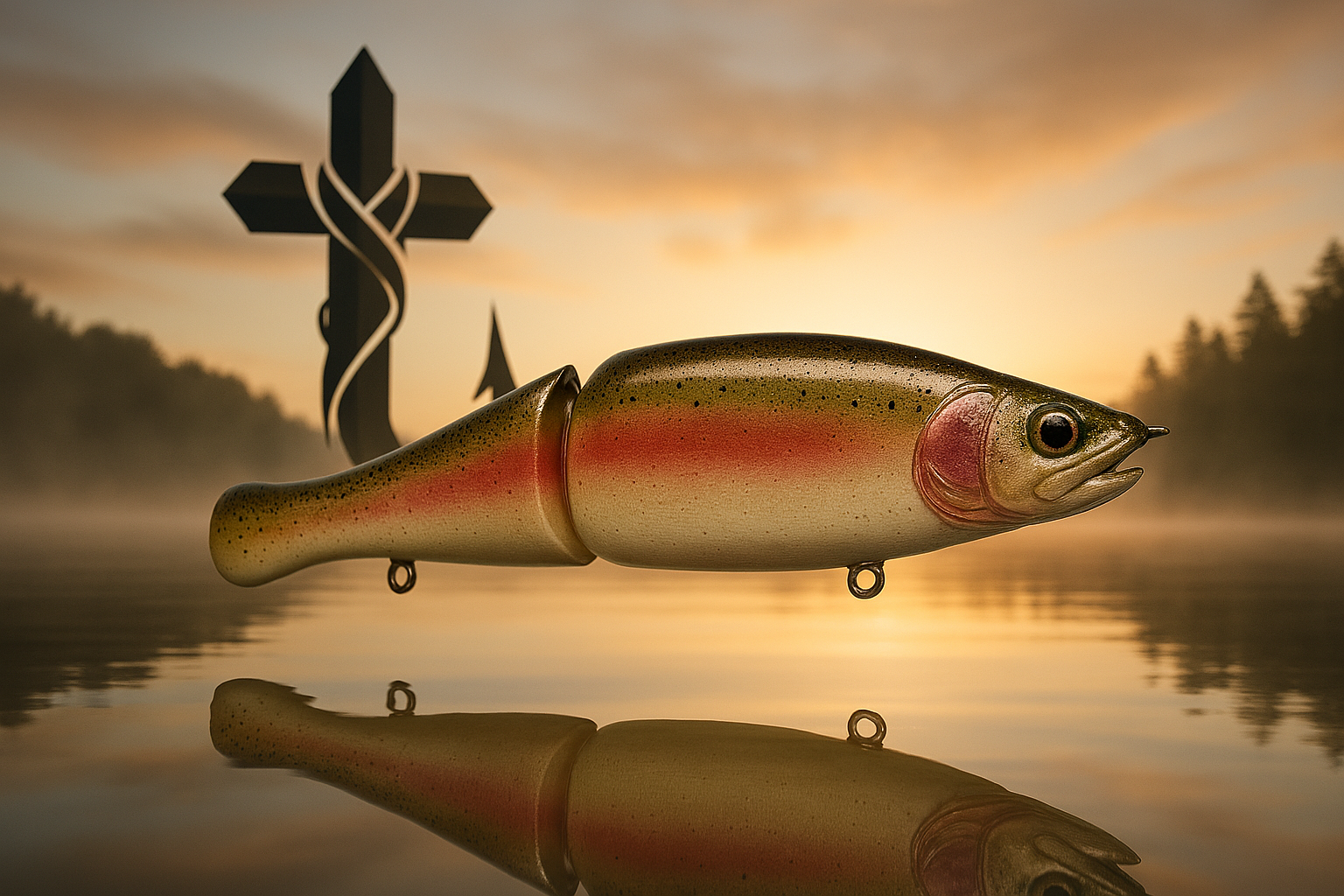 Fishing lure on a reflective water surface with a sunset and cross in the background
